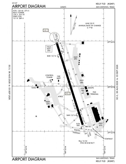 KSKF airport diagram — runways, taxiways and ramp layout