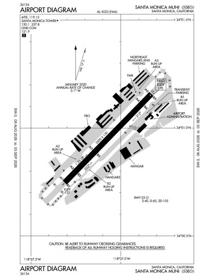 KSMO airport diagram — runways, taxiways and ramp layout