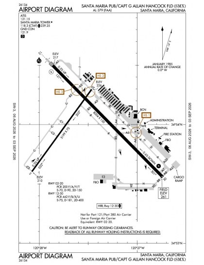 KSMX airport diagram — runways, taxiways and ramp layout
