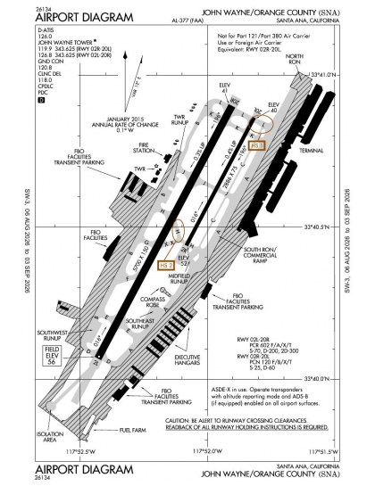 KSNA airport diagram — runways, taxiways and ramp layout