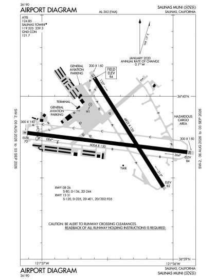 KSNS airport diagram — runways, taxiways and ramp layout