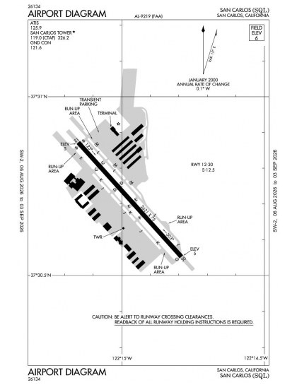KSQL airport diagram — runways, taxiways and ramp layout