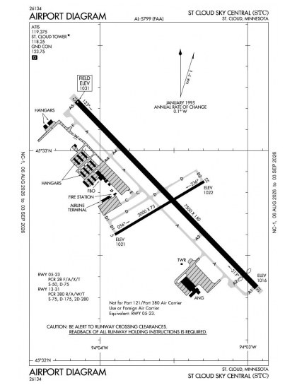 KSTC airport diagram — runways, taxiways and ramp layout