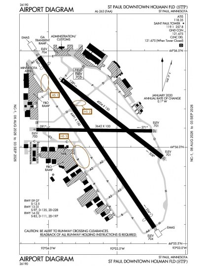 KSTP airport diagram — runways, taxiways and ramp layout