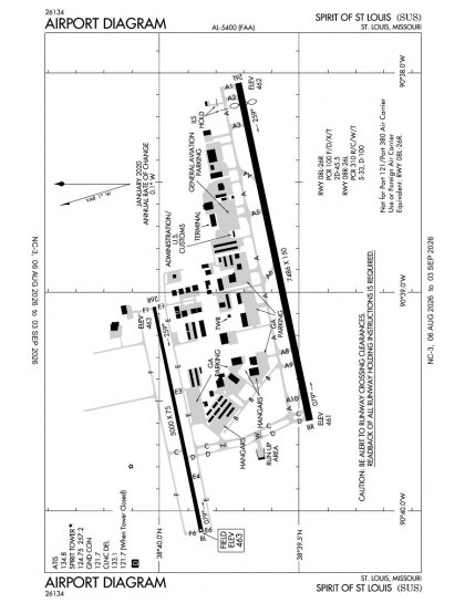 KSUS airport diagram — runways, taxiways and ramp layout