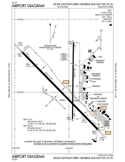 KSUX airport diagram — runways, taxiways and ramp layout