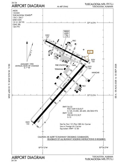 KTCL airport diagram — runways, taxiways and ramp layout