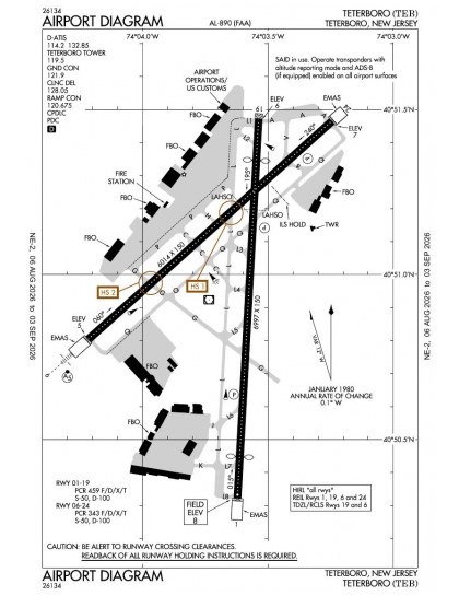 KTEB airport diagram — runways, taxiways and ramp layout