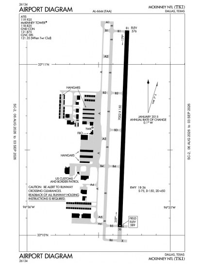 KTKI airport diagram — runways, taxiways and ramp layout