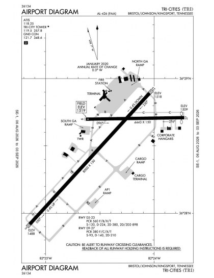 KTRI airport diagram — runways, taxiways and ramp layout