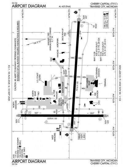 KTVC airport diagram — runways, taxiways and ramp layout