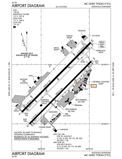 KTYS airport diagram — runways, taxiways and ramp layout