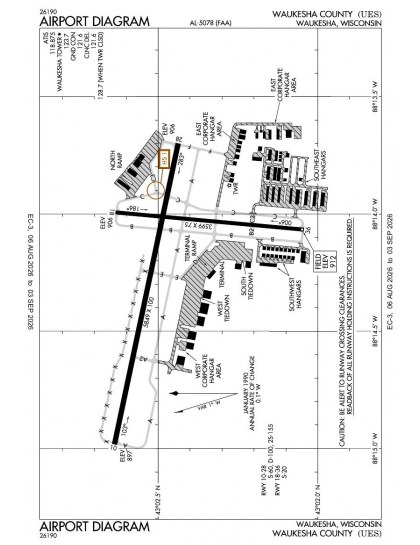 KUES airport diagram — runways, taxiways and ramp layout