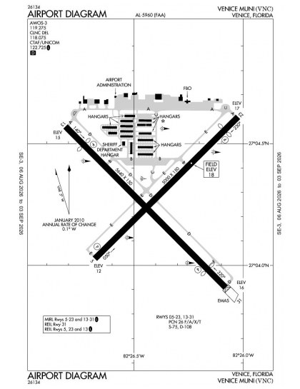 KVNC airport diagram — runways, taxiways and ramp layout
