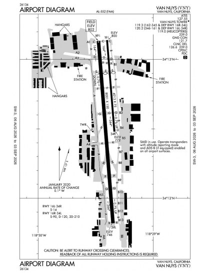 KVNY airport diagram — runways, taxiways and ramp layout
