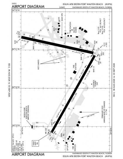 KVPS airport diagram — runways, taxiways and ramp layout