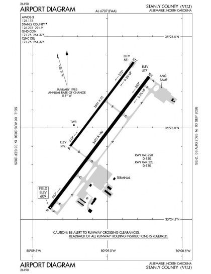 KVUJ airport diagram — runways, taxiways and ramp layout
