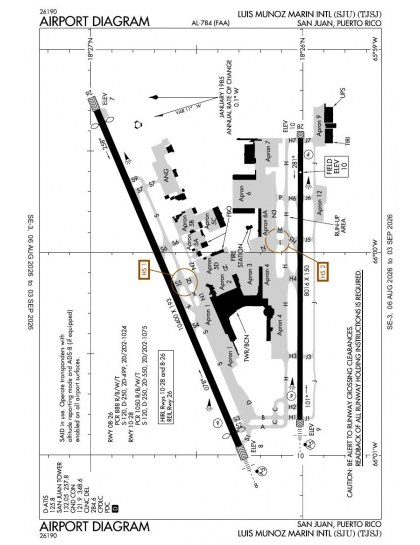 TJSJ airport diagram — runways, taxiways and ramp layout