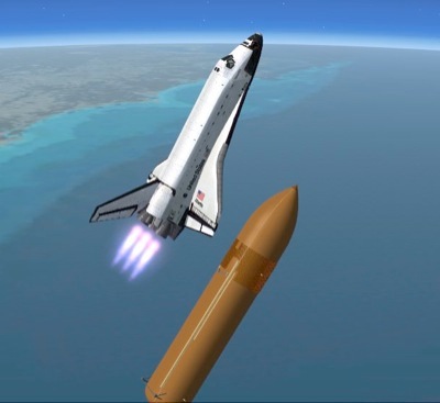 Space Shuttle Atlantis with main rocket detatching