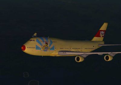 Duff Beer Airlines Boeing 747-400 flying at night.