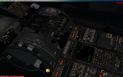 Virtual 3D cockpit showing throttle quadrant, flap controls and trim