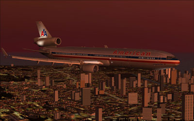 American MD11 flying over buildings