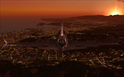 MD-11 at night flying over city