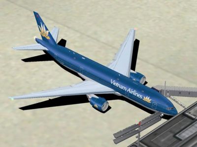 Vietnam Airlines Boeing 777-200ER at boarding gate.