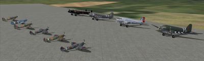 Screenshot of multiple aircraft lined up on the ground.