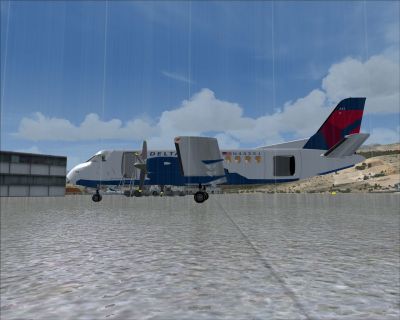 Screenshot of Delta Connection Saab 340B in the rain.