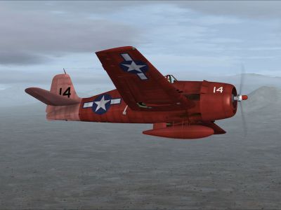 Screenshot of F6F Drone with pink tail in flight.