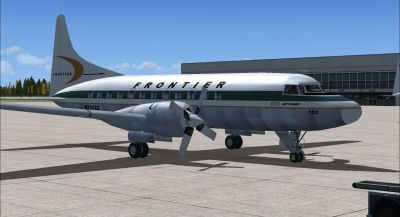 Screenshot of Frontier Convair 580 on the ground (right side).