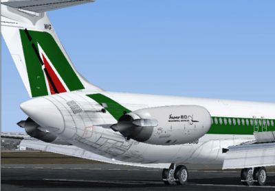 Tail and engine detail on Alitalia McDonnell Douglas MD-80.