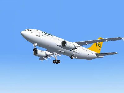 Screenshot of white Condor Airbus A310-304 with yellow tail decal.