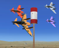 Screenshot of Aeroworks ARX-6 Roadrunners flying past a checkpoint.