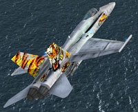 Screenshot of F/A-18 flying over water.