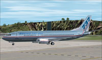 Screenshot of FS2004 Boeing 737-400 on the ground.