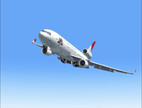 Screenshot of JAL McDonnell Douglas MD-11 raising landing gear.