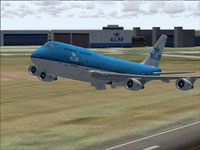 Screenshot of KLM Boeing 747-400 taking off, raising landing gear.
