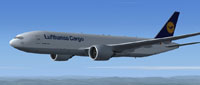 Screenshot of Lufthansa Cargo Boeing 777-200F in flight.