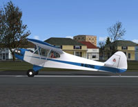 Screenshot of blue and white Piper J-3 Cub on the ground.