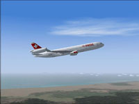 Screenshot of Swiss McDonnell Douglas MD-11 in flight.