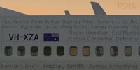 Many names are shown on the fuselage of the B747-800.