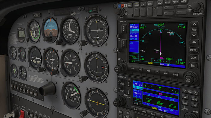 The cockpit of the default Cessna 172SP screenshot from XP11.