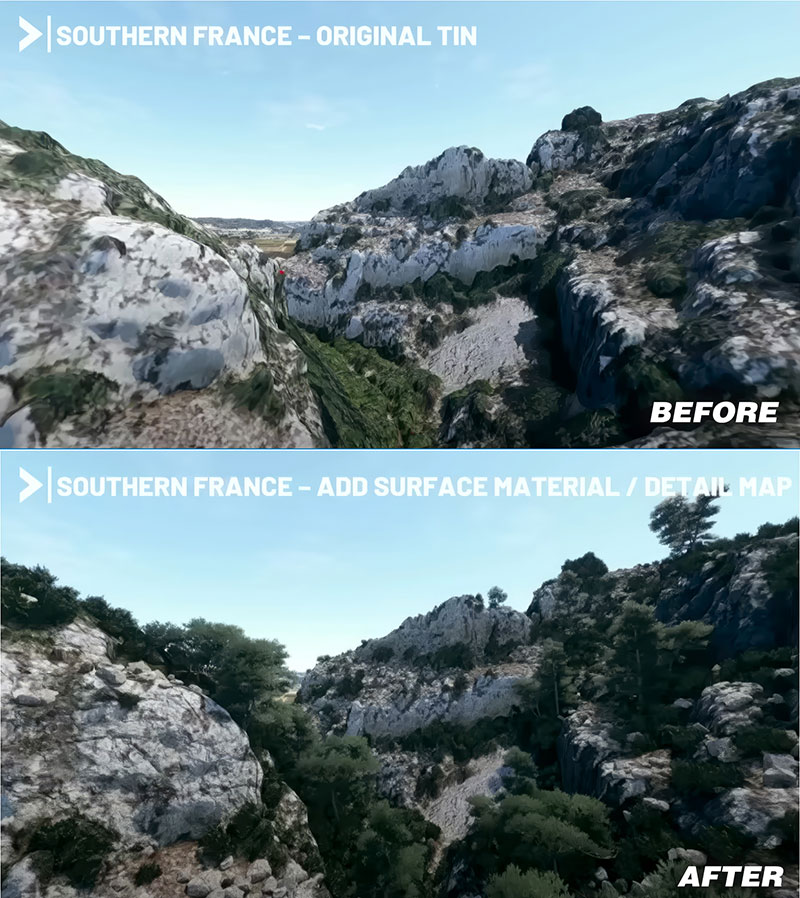 Image showing the before and after - from FS2020 to FS2024 example in Southern France.  The after images shows the increase in scenery detail complexity.