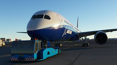 Boeing 787 pushback with tug in MSFS 2020.