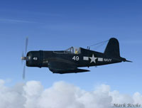 Screenshot of battle worn Corsair in flight.