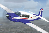 Screenshot of a blue and red Mooney Bravo in flight.