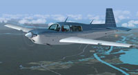 Screenshot of blue and white Mooney Acclaim Turbo Prop in flight.