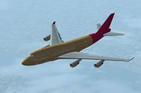 Screenshot of a red and gold Boeing 747-400 in flight.